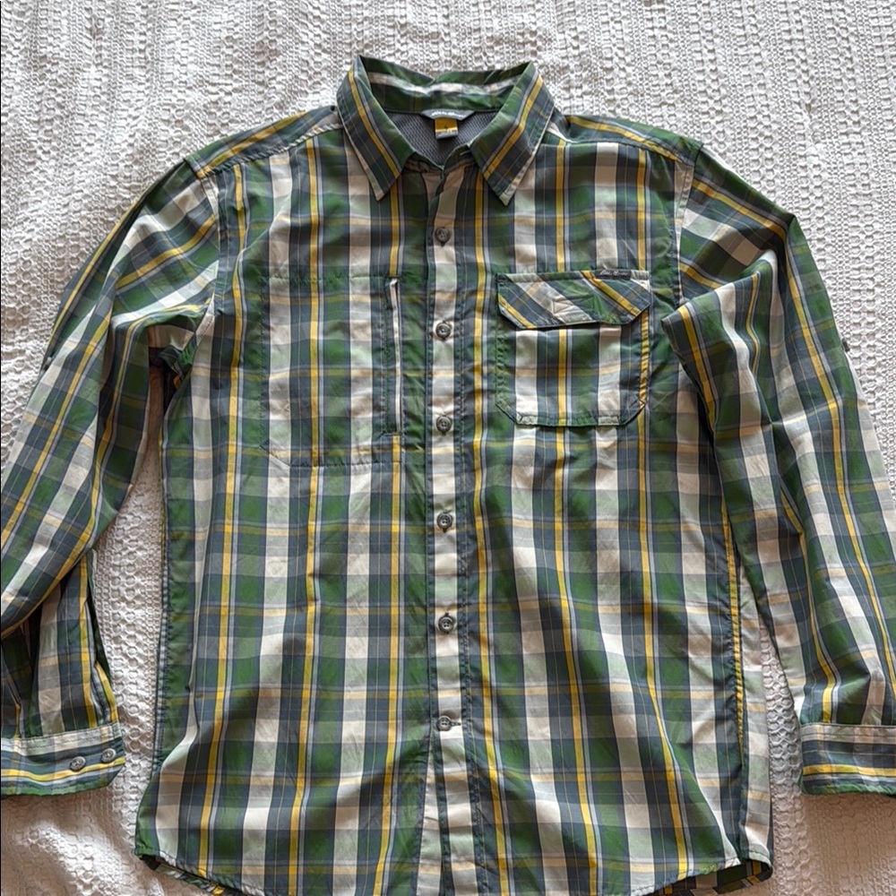Eddie Bauer Green and White Plaid Casual Shirt